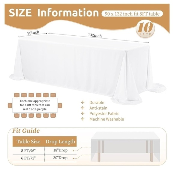 2 White Rectangle Table Cloths of 90 x 132 Inch  for 8 Foot Rectangle. - Picture 9 of 9